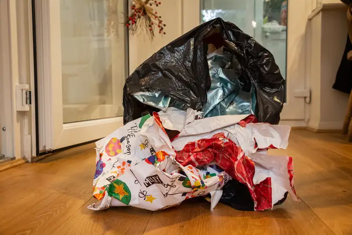 crumpled up Christmas wrapping paper